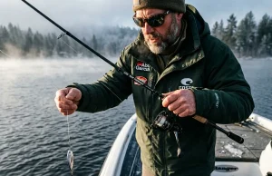 The Physics of Blade Bait Fishing for Winter Bass & Walleye Angler vertically dropping a blade bait for winter bass and walleye
