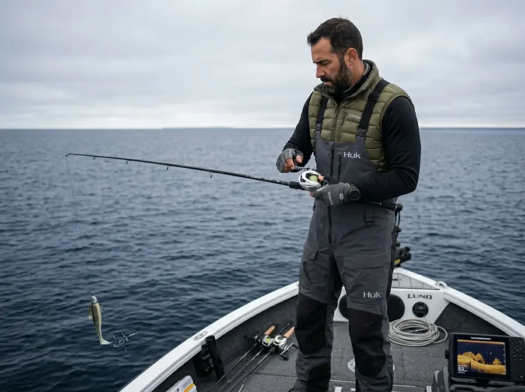 Vertical jigging a bondy bait for late fall musky fishing patterns