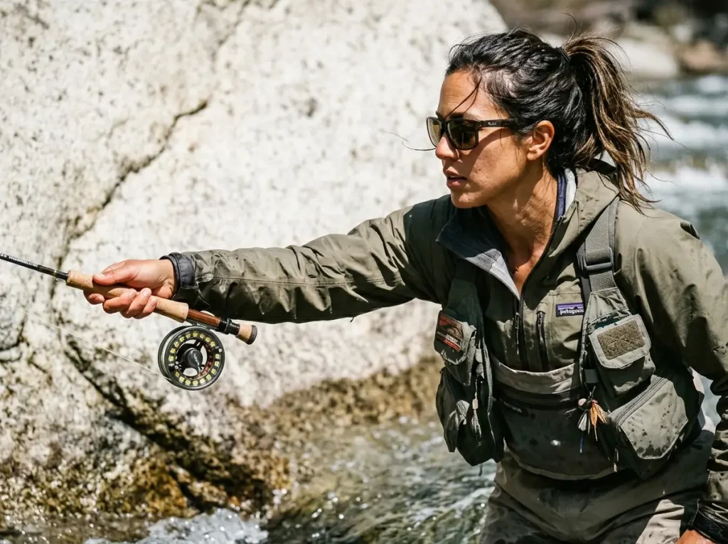 Angler leaning upstream against strong river hydrodynamics