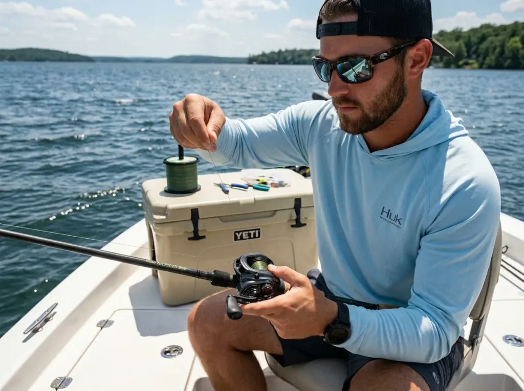 Angler carefully spooling thin diameter braided line onto a baitcaster reel
