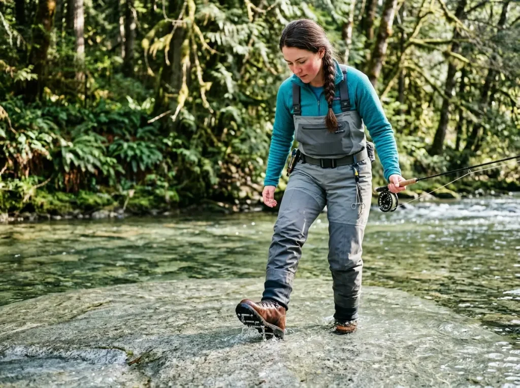 Detail of aluminum bar wading boots gripping slick bedrock to explain the physics of traction and friction.