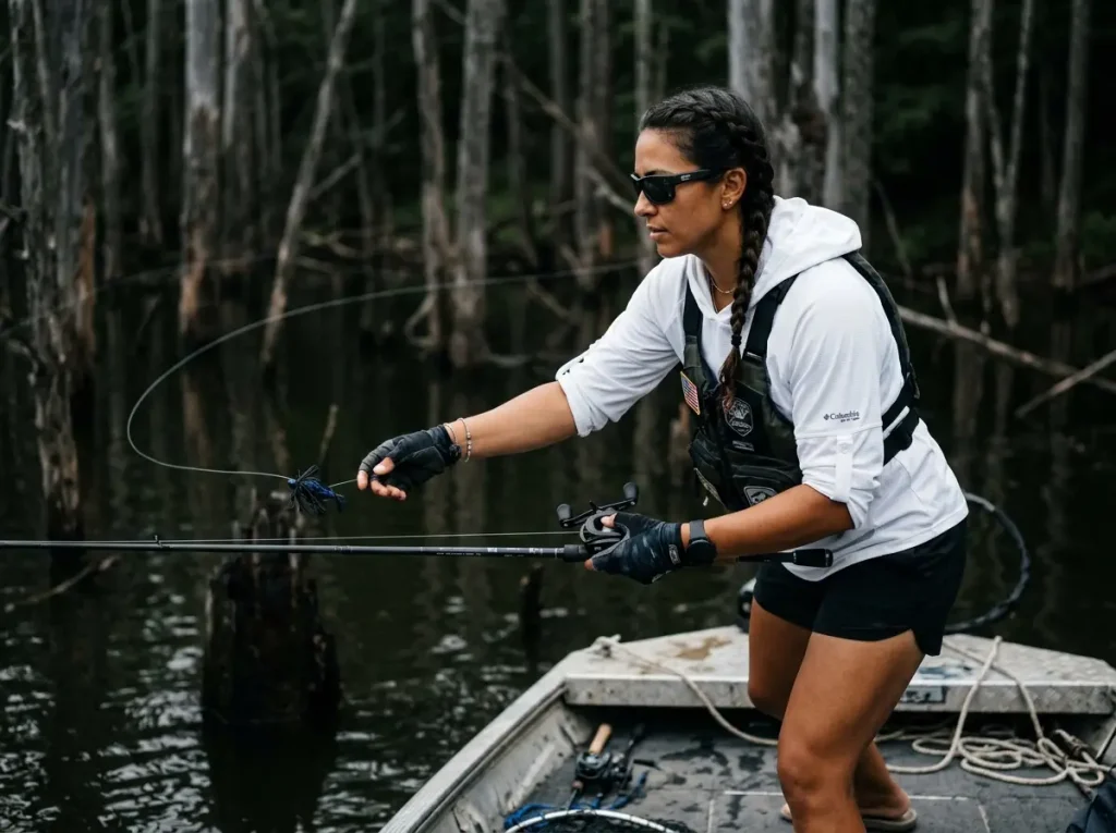 Pitching a heavy flipping jig tight to a submerged stump