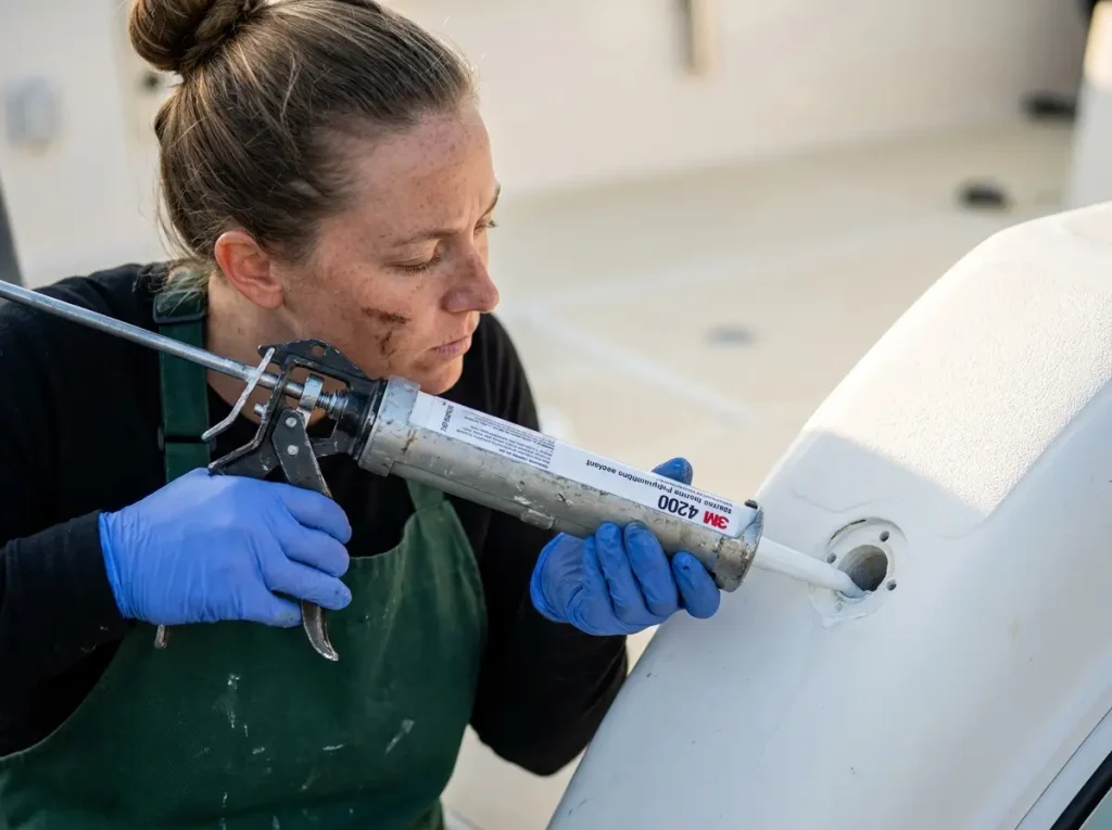 Potting transom core with 3M 4200 marine sealant securely 