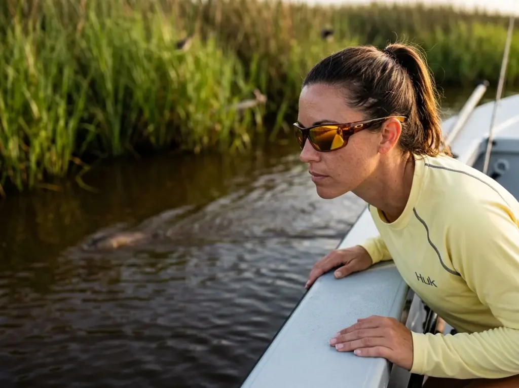 Angler wearing amber lenses tracking redfish in tannic water