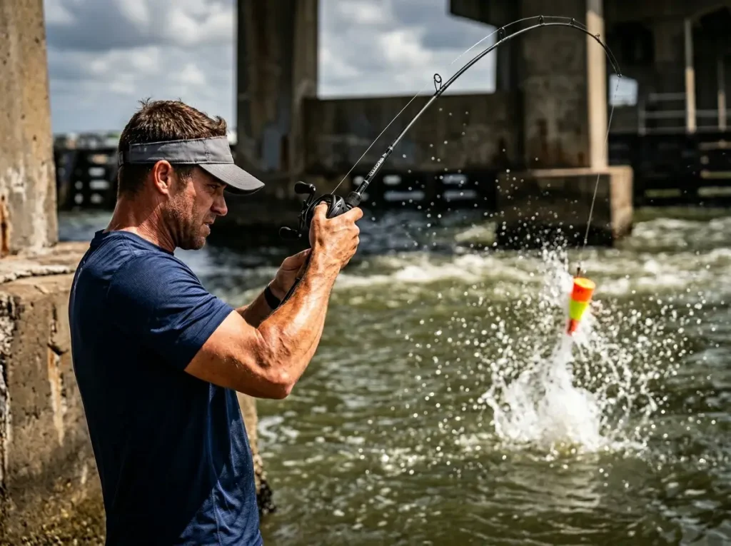 Angler violently popping a Cajun Thunder cork rig