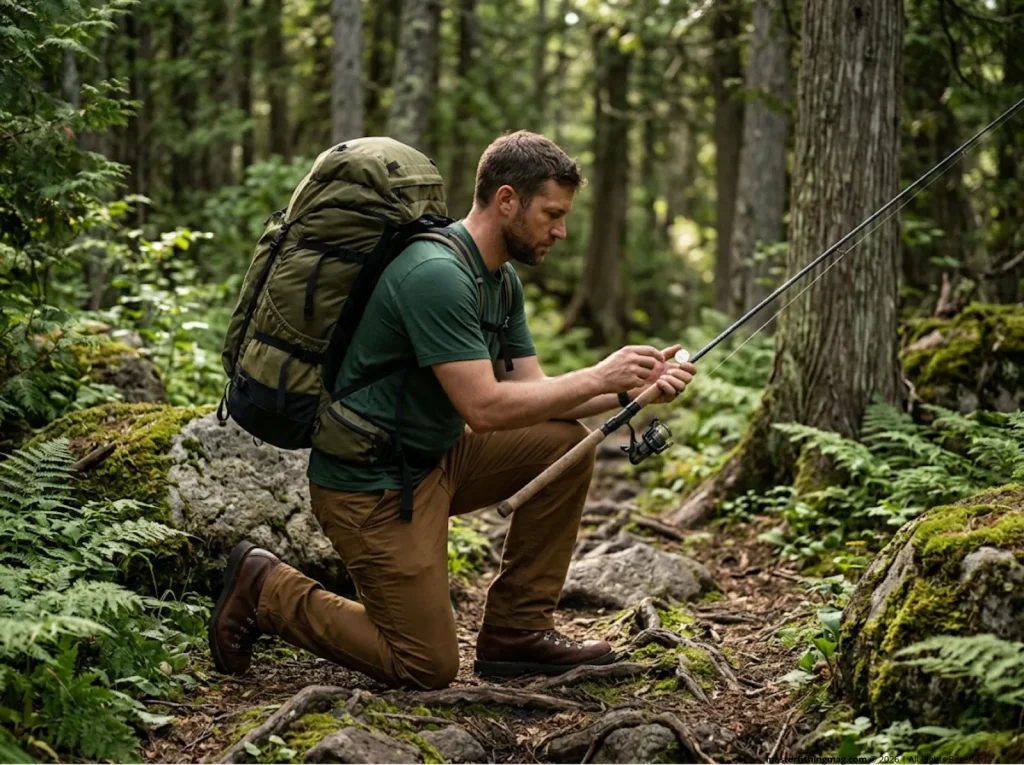 Inspecting fishing rod on a rugged portage trail