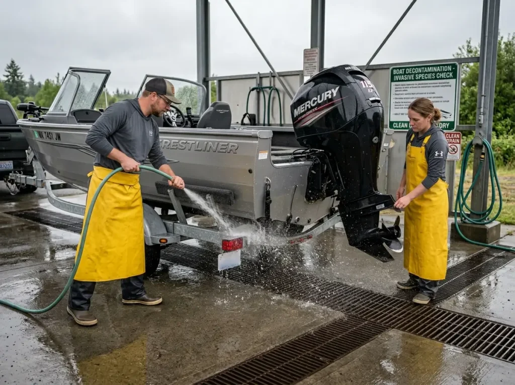 Two boaters flushing a boat hull and trailer with freshwater at a decontamination station