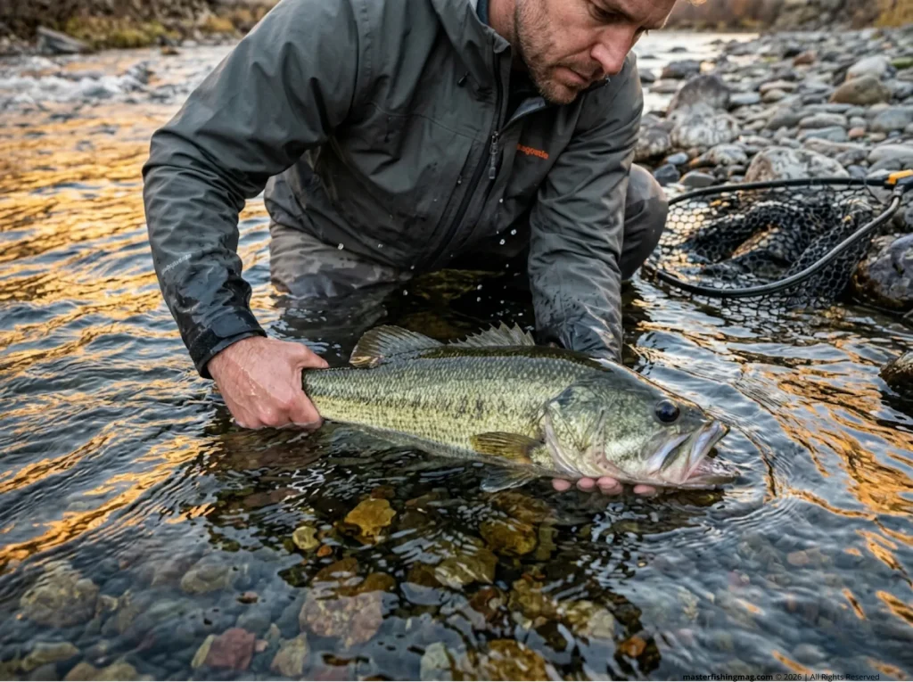 Experienced angler carefully performing a proper horizontal revitalization hold on a large bass safely in a clear rushing stream.