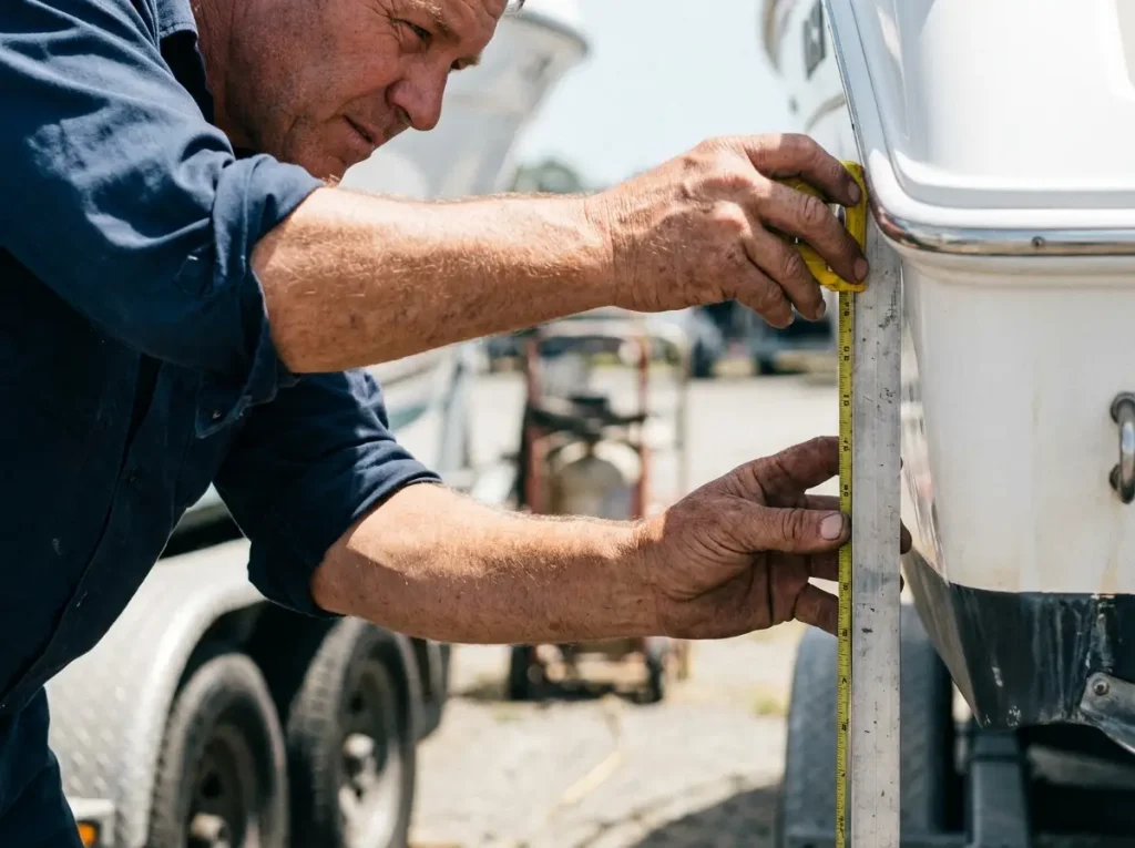 Technician measuring 4-inch hydrodynamic clearance for power pole anchor