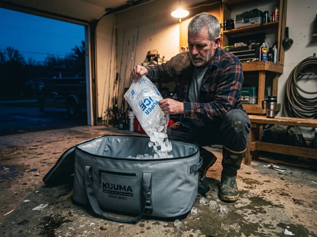 Angler pre-chilling a large offshore fishing cooler bag with ice the morning of a trip to keep the catch fresh