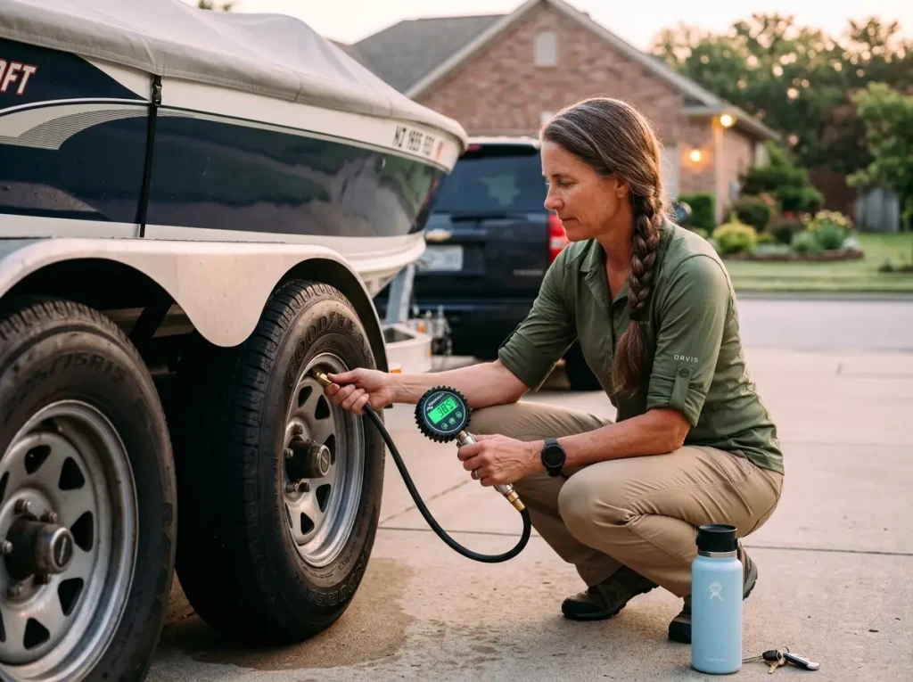 Female boater checking boat trailer tire pressure with a digital gauge