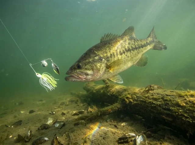 pressured-fish-ignore-lures-angling-pressure Largemouth bass hovering near a lure in clear water showing cautious behavior