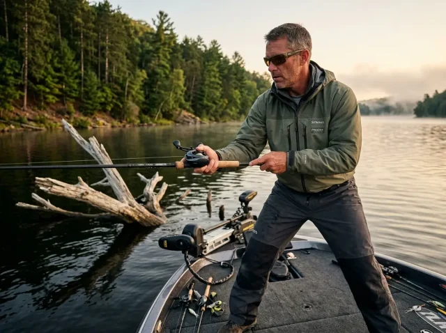 pressured-water-fishing-tactics Angler using pressured water fishing tactics casting near timber