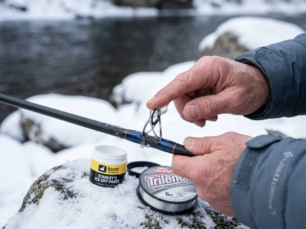 Applying Ice Off paste to prevent rod guide freeze