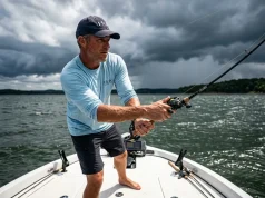 How to Read a Fishing Weather Forecast Like a Pro Angler casting a heavy fishing rod on a boat as a weather front approaches
