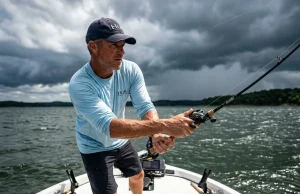 How to Read a Fishing Weather Forecast Like a Pro Angler casting a heavy fishing rod on a boat as a weather front approaches