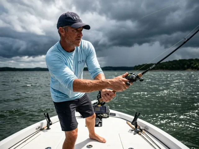 reading-fishing-weather-forecast-pro Angler casting a heavy fishing rod on a boat as a weather front approaches