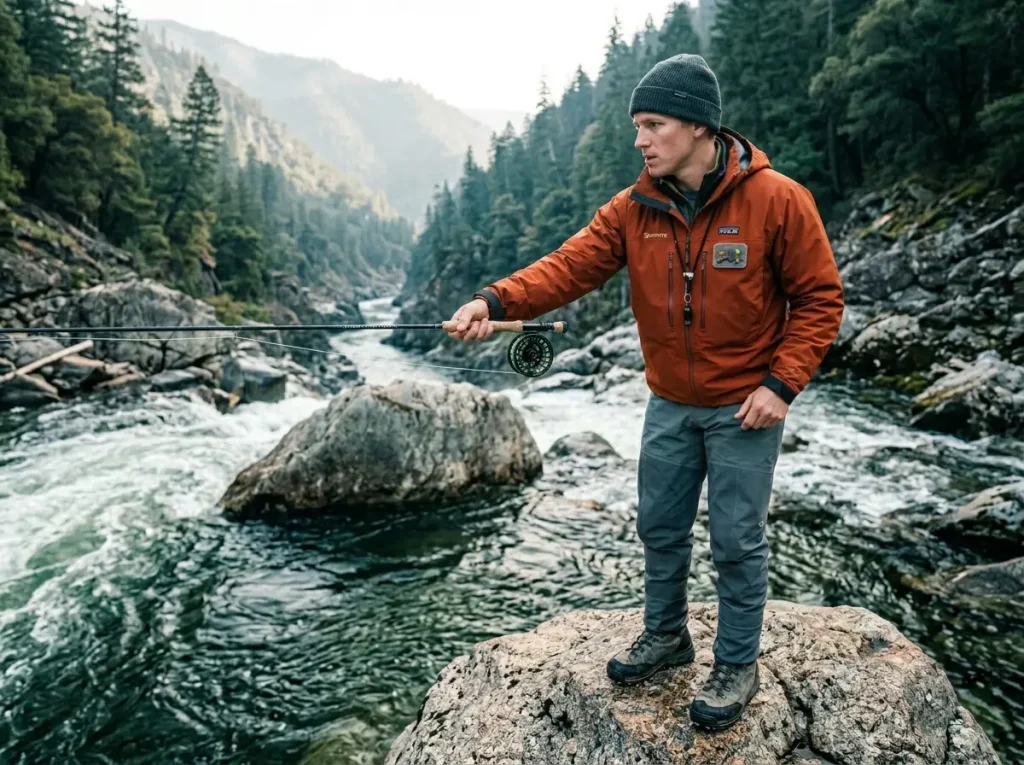 Angler reading river hydrodynamics and current seams
