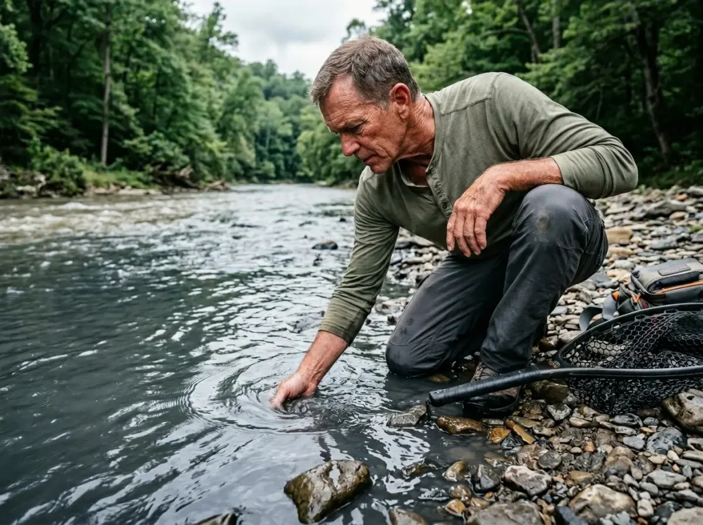 Angler manually testing water turbidity zones in a murky river.
