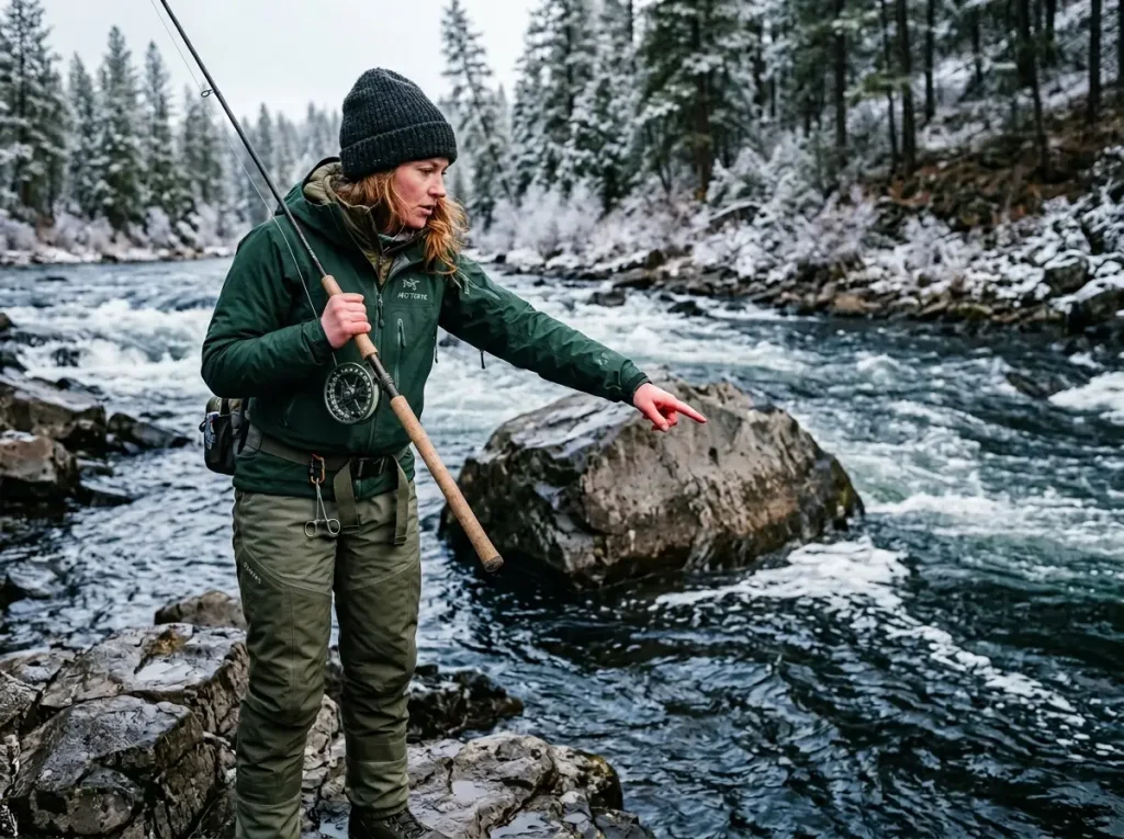 Female angler reading river hydraulics and foam lines