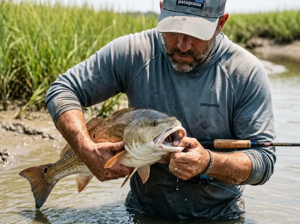Angler safely examining the sub-terminal vacuum mouth of a red drum