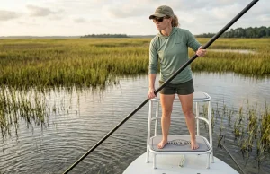 How Red Drum Biology & Habitat Facts Drive Tailing Behavior Angler spotting tailing red drum in shallow Spartina grass