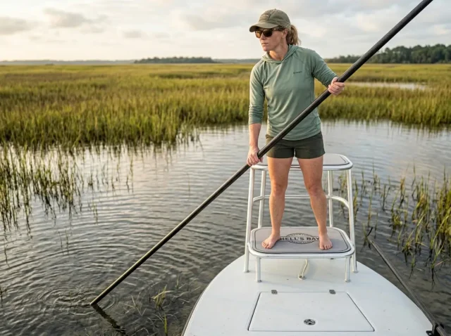 red-drum-tailing-spartina-grass Angler spotting tailing red drum in shallow Spartina grass