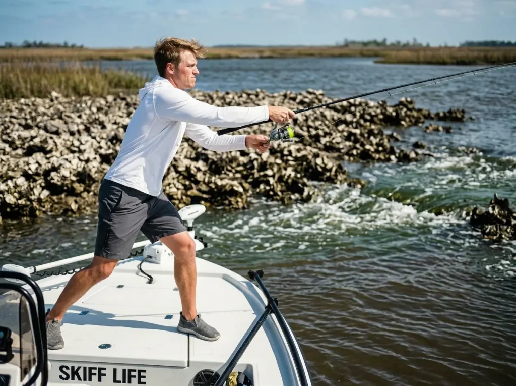 Angler casting toward oyster reef current seam