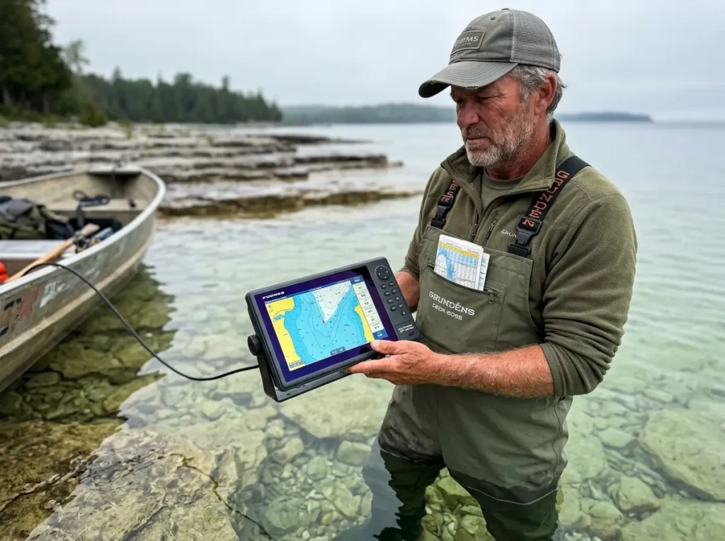 Fishing guide checking Navionics chart accuracy against visible Georgian Bay limestone shoal water