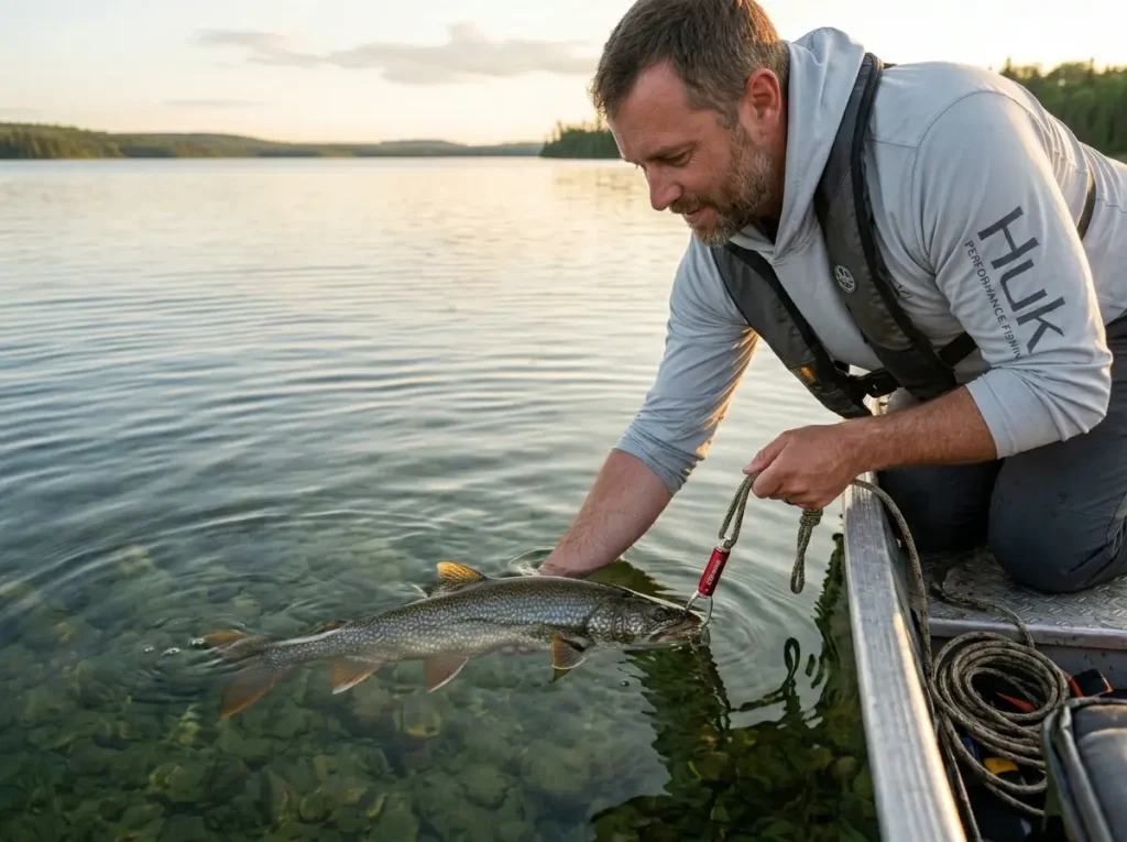 Angler safely releasing a deep water lake trout using a seaqualizer descending device