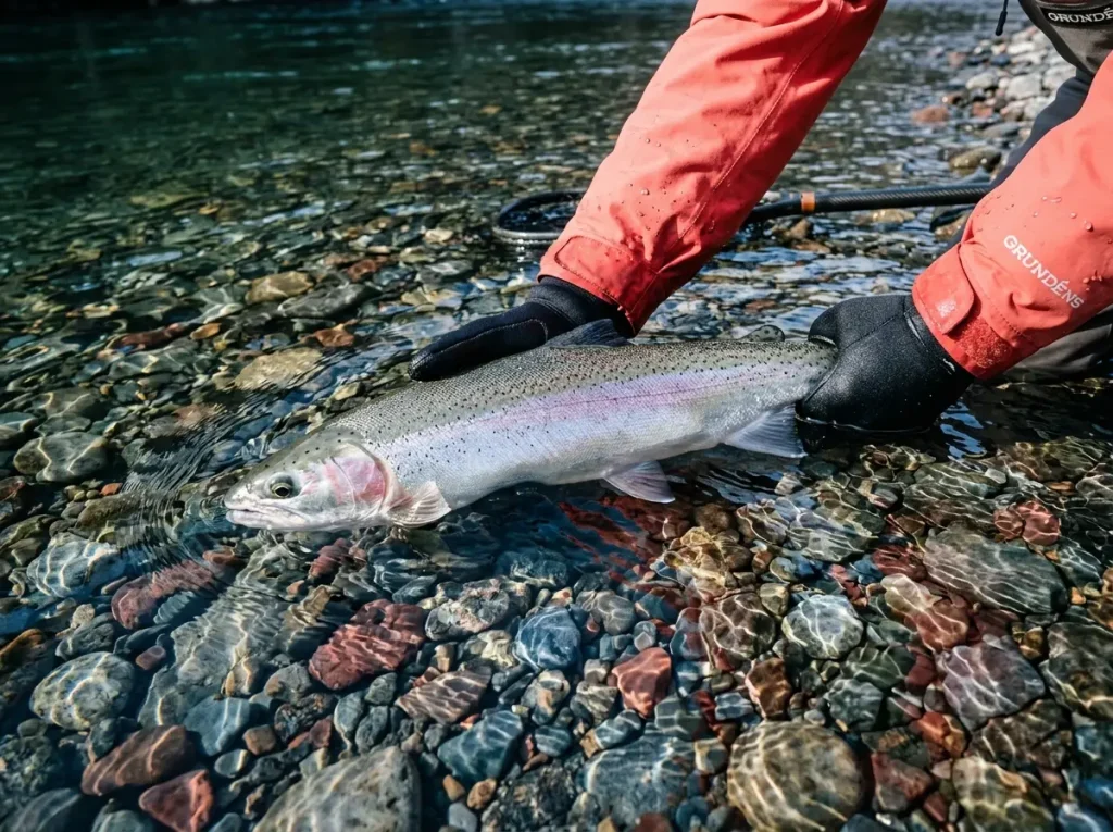Angler carefully submerging a wild winter steelhead