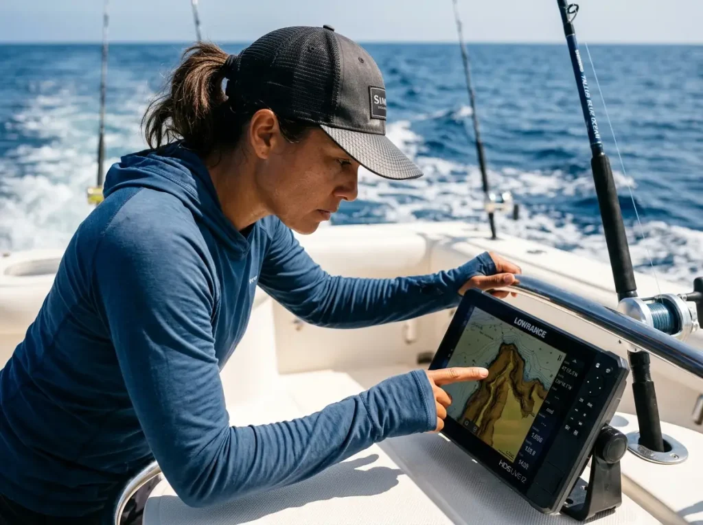 Female angler reading C-Map Reveal MDOW relief shading on Lowrance HDS Live to identify fish structure