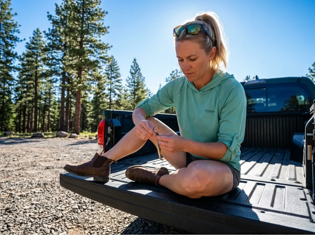 Capable female angler carefully rigging a heavy wire non-offset circle hook with a soft plastic bait to prevent deep hooking.