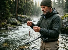Rigging Live Worms for Fishing That Actually Holds Angler standing in a river inspecting a perfectly rigged live worm on a fine-wire hook