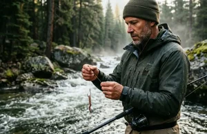 Rigging Live Worms for Fishing That Actually Holds Angler standing in a river inspecting a perfectly rigged live worm on a fine-wire hook