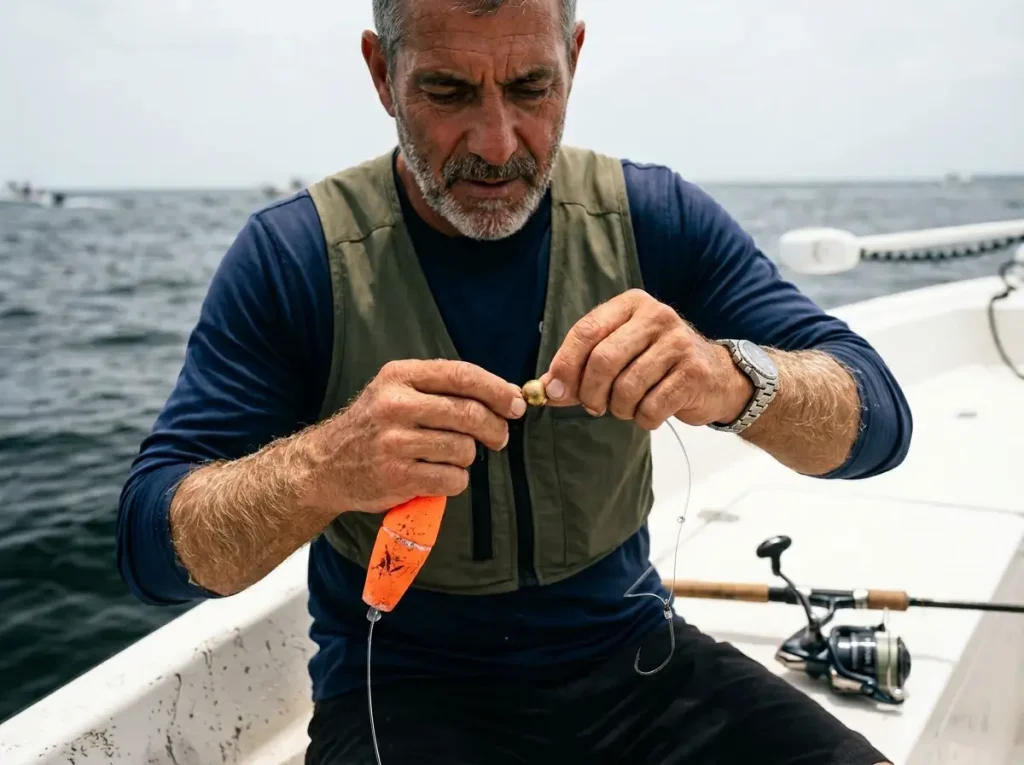 Angler rigging a popping cork to trigger red drum acoustic strikes