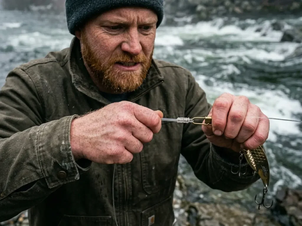 Angler rigging a heavy blade bait to pierce river current drag vectors