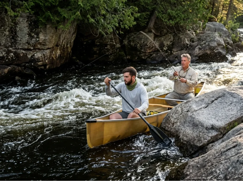 Anglers holding canoe position in river eddy