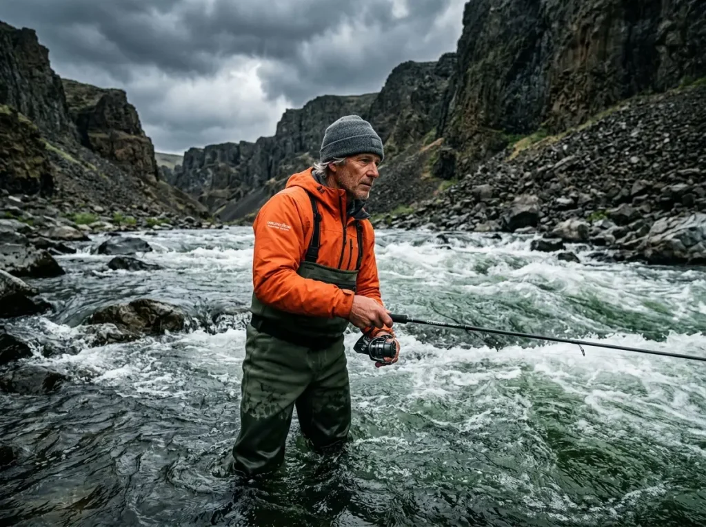 Angler wading in strong river currents reading hydrodynamic boundary layers for bait placement.