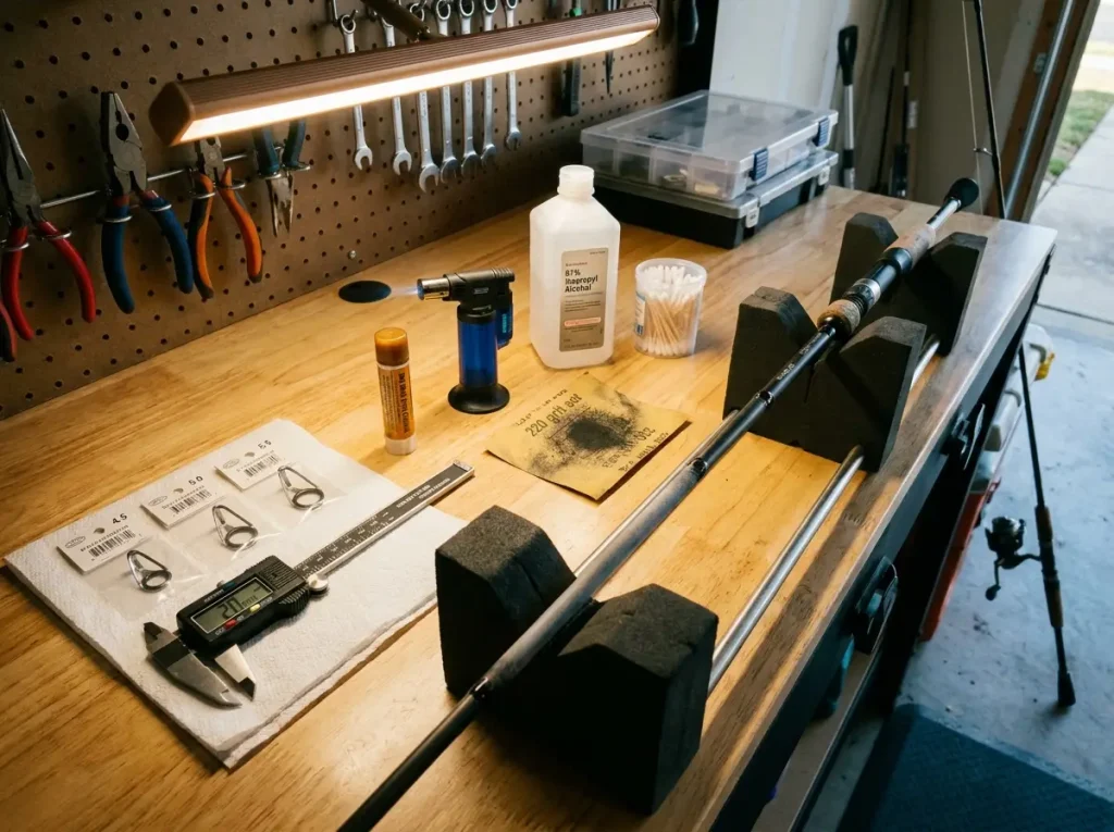Rod tip repair setup on a workbench with hot melt glue and replacement tips organized