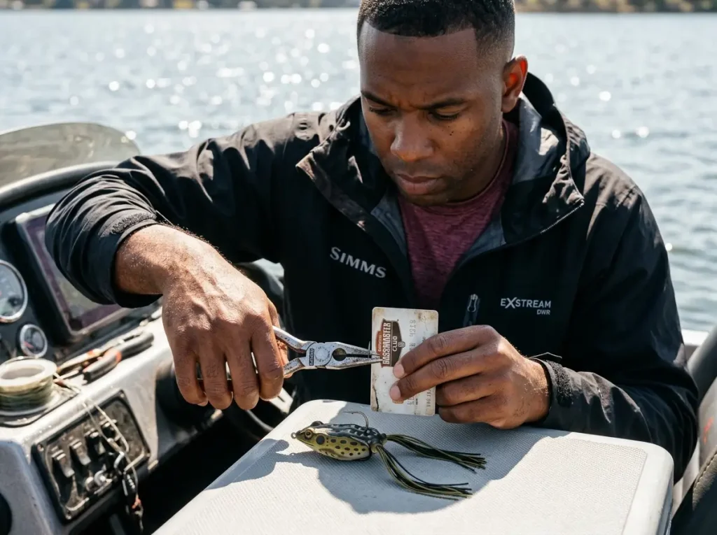 Bass angler bending hollow body frog hook outward with pliers using a credit card as 1/16-inch displacement gauge