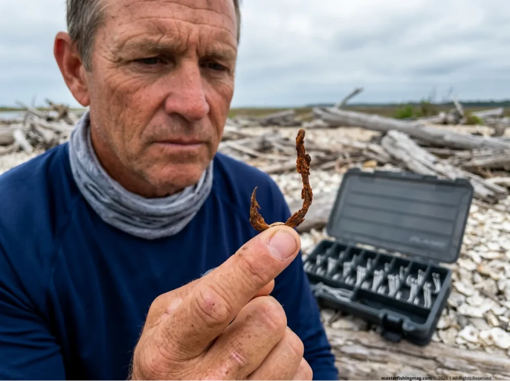Extreme close up of a heavily rusted carbon steel fishing hook resting delicately on an experienced angler's index finger.