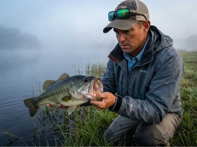 safe-deep-hook-assessment-bass Angler deciding how to unhook a deep hooked fish safely, inspecting a bass over a misty lake to determine hook removal.