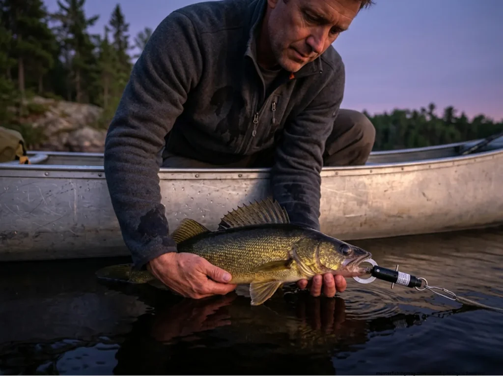 Using a descending device for deep water fish release