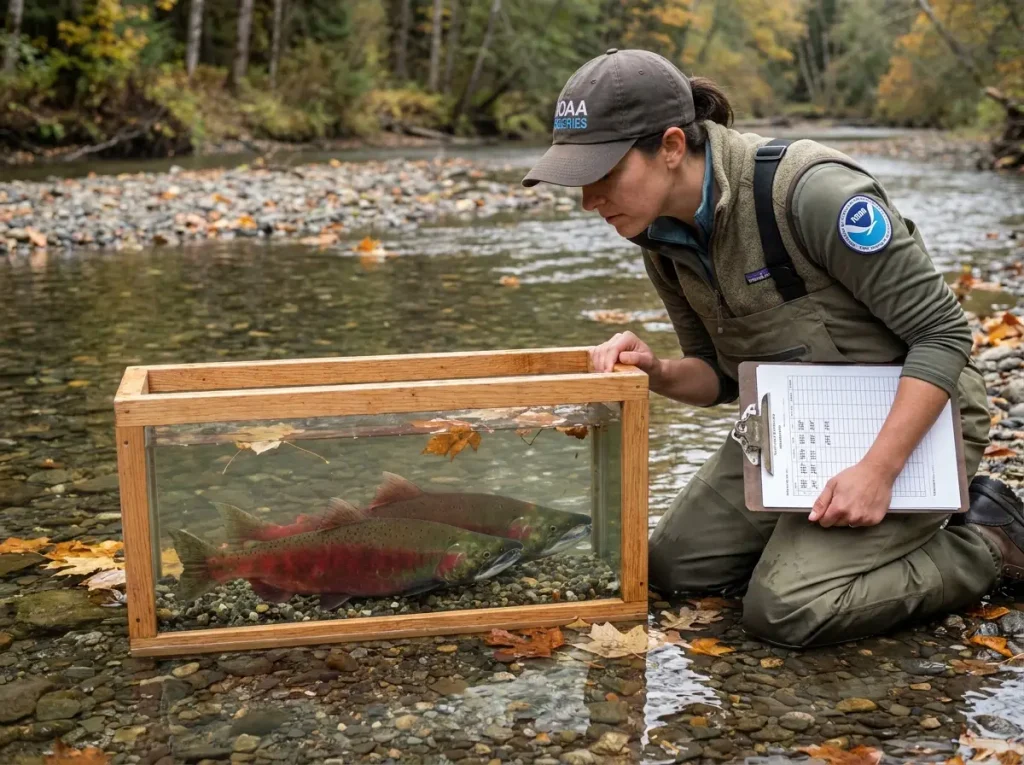 NOAA fisheries biologist counting salmon in clear stream during fall population survey