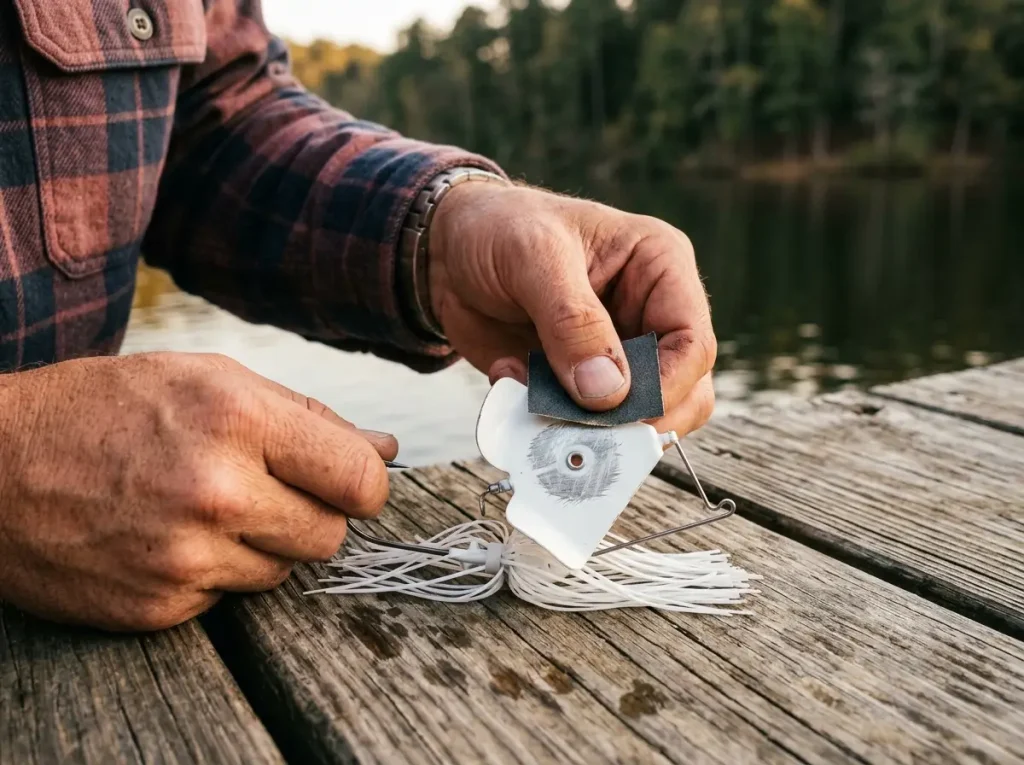 Scuffing buzzbait blade for improved acoustic tuning