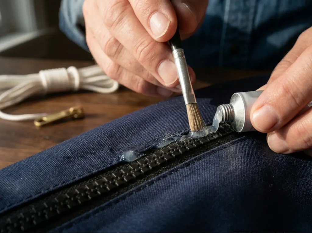Close up of an angler applying silicone seam sealer strictly to the fabric tape of a YKK zipper.
