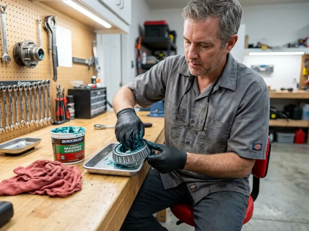 Boater packing a trailer wheel bearing with marine grease in a clean garage workshop