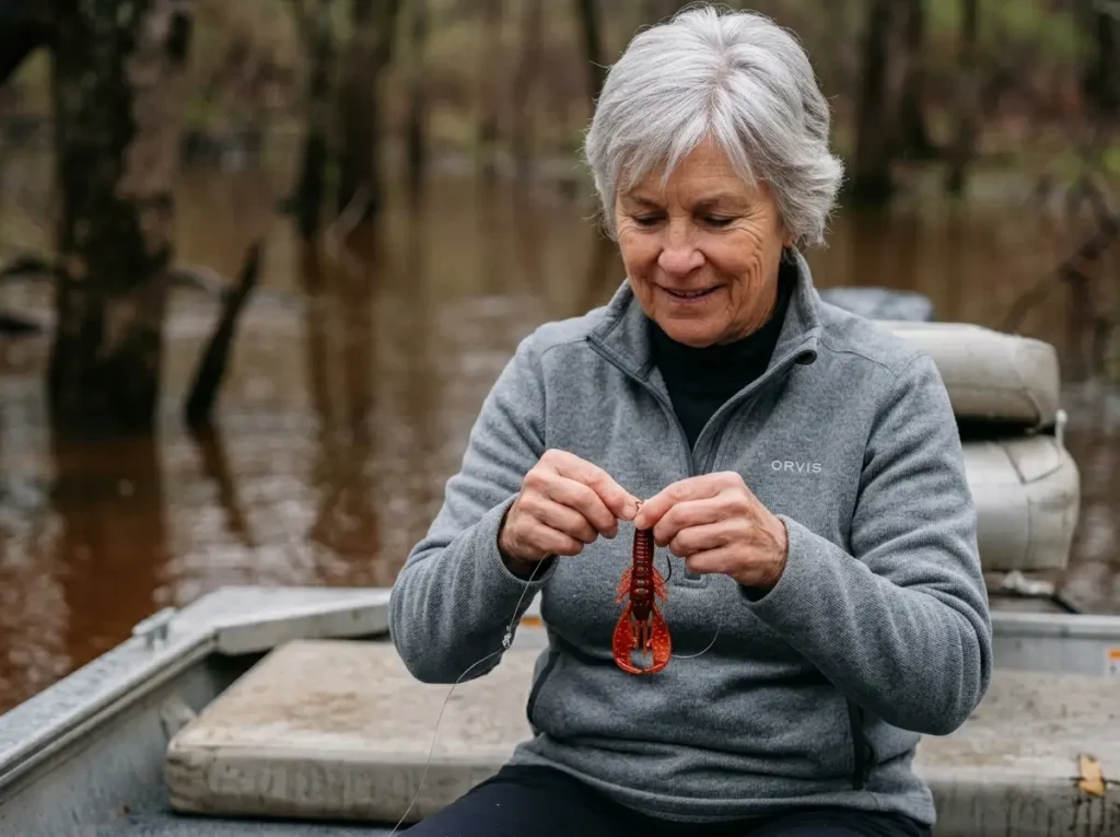 Angler tying knot with a red craw pattern bait during spring runoff.
