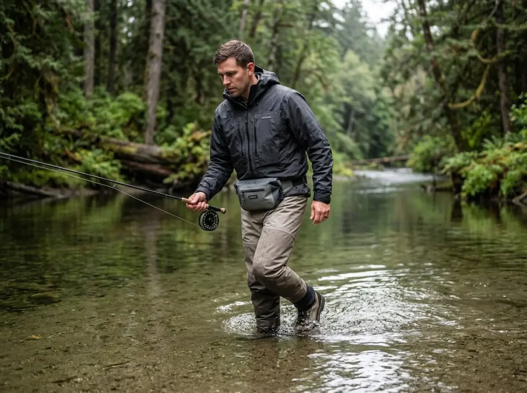Angler performing a sideways shuffle-wade to prevent downstream sediment plumes.